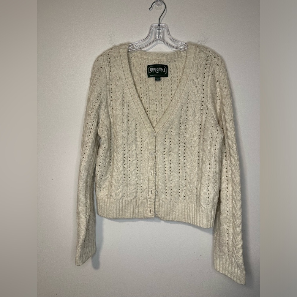 American Eagle Cream Cable Knit Sweater Cottage Peasant Soft Boho sz L